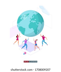 Trendy flat illustration. Men and women are holding a globe. Symbol of volunteering. Save the planet. Template for your design works. Vector graphics.