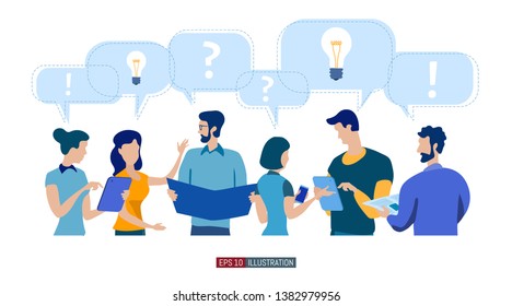 Trendy flat illustration. Office workers planing business mechanism, analyze business strategy and exchange ideas. Editable mask. Template for your design works. Vector graphics.