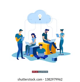 Ilustración plana de moda. Trabajadores de oficina planificando mecanismos de negocio, analizando la estrategia de negocio e intercambiando ideas. Plantilla para sus trabajos de diseño. Gráficos de Vector.