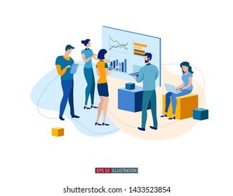 Trendy flat illustration. Office workers planing business mechanism, analyze business strategy and exchange ideas. Template for your design works. Vector graphics.