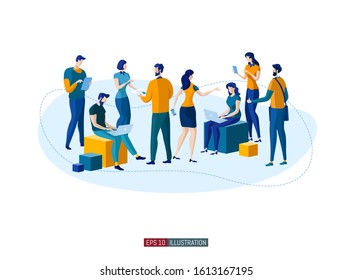 Trendy flat illustration. Office workers planing business mechanism, analyze business strategy and exchange ideas. Template for your design works. Vector graphics.