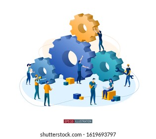Trendy flat illustration. Office workers planing business mechanism, analyze business strategy and exchange ideas. Gear wheels. Teamwork concept. Template for your design works. Vector graphics.