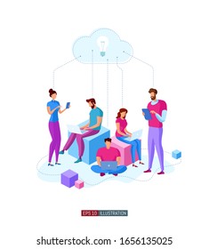 Ilustración plana de moda. Trabajadores de Office planificando el mecanismo de negocios, analizando la estrategia de negocio e intercambiando ideas.Plantilla para los trabajos de diseño. Gráficos vectoriales.