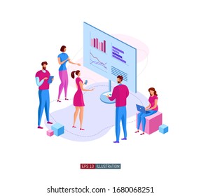Ilustración plana de moda. Los trabajadores de oficina planifican el mecanismo de negocios, analizan la estrategia de negocios e intercambian ideas. Plantilla para las obras de diseño. Gráficos vectoriales.