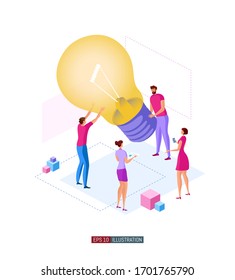  Ilustración plana de moda. Los trabajadores de oficina planifican el mecanismo de negocios, analizan la estrategia de negocios e intercambian ideas. Bombilla.Concepto de trabajo en equipo. Plantilla para las obras de diseño. Gráficos vectoriales.