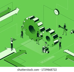 Ilustración plana de moda. Trabajadores de oficina planificando el mecanismo de negocios, analizando la estrategia de negocios e intercambiando ideas. Ruedas de engranaje. Concepto de trabajo en equipo. La plantilla para el diseño funciona. Gráficos vectoriales.
