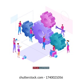 Ilustración plana de moda. Trabajadores de oficina planificando el mecanismo de negocios, analizando la estrategia de negocios e intercambiando ideas. Ruedas de engranaje. Concepto de trabajo en equipo. La plantilla para el diseño funciona. Gráficos vectoriales.