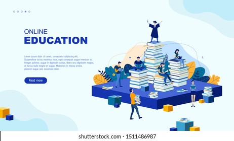 Trendy flat illustration. Online education  page concept. People read books and collaborate. Learning. Education.  Knowledge. Сollege graduate. Template for your design works. Vector graphics.