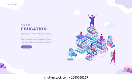 Trendy flat illustration. Online education  page concept. People read books and collaborate. Learning. Education.  Knowledge. Сollege graduate. Template for your design works. Vector graphics.