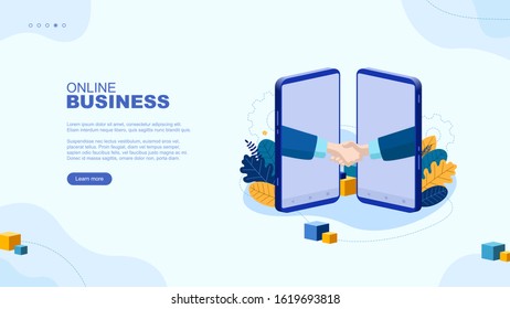 Trendy flat illustration. Online page concept. Businessmen handshake. Doing business with a smartphone. Template for your design works. Vector graphics.