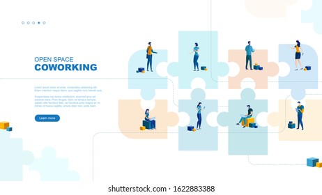 Trendy flat illustration. Open space Coworking page concept. Office workers planing business mechanism, analyze business strategy and exchange ideas. Template for your design works. Vector graphics.