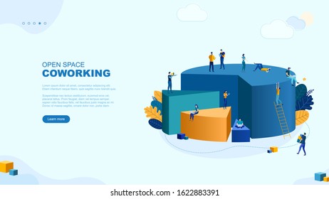 Trendy flat illustration. Open space Coworking page concept. Office workers planing business mechanism, analyze business strategy and exchange ideas. Template for your design works. Vector graphics.
