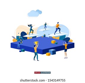 Trendy flat illustration. People fly on paper airplanes. Teamwork concept. Globalization. International business. Competition. Goal achievement. Template for your design works. Vector graphics.