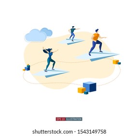 Trendy flat illustration. People fly on paper airplanes. Teamwork concept. Globalization. International business. Competition. Goal achievement. Template for your design works. Vector graphics.