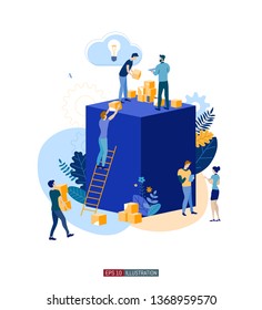 Trendy flat illustration. Сooperation of people who implement the joint idea. Illustration of the idea birth process. Template for your design works. Vector graphics.