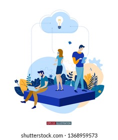 Trendy flat illustration. Сooperation of people who implement the joint idea. Illustration of the idea birth process. Template for your design works. Vector graphics.