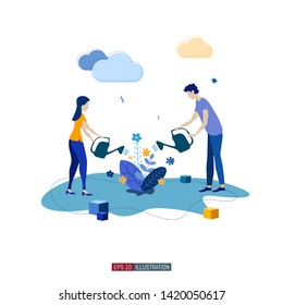 Trendy flat illustration. Сooperation of people who implement the joint idea. Idea birth process. Boy and girl watering the flowers together. Template for your design works. Vector graphics.