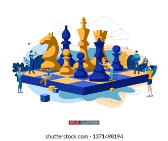 Trendy flat illustration. People work. Business strategy. Teamwork and competition. Chess game. Chess pieces. Template for your design works. Vector graphics.