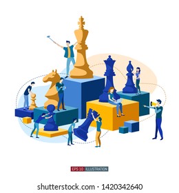 Trendy flat illustration. People work. Business strategy. Teamwork and competition. Chess game. Chess pieces. Template for your design works. Vector graphics.