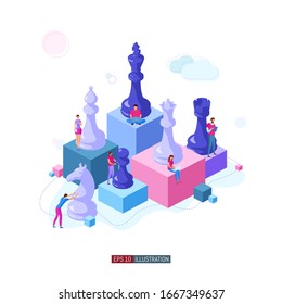 Trendy flat illustration. People work. Business strategy. Teamwork and competition. Chess game. Chess pieces. Template for your design works. Vector graphics.