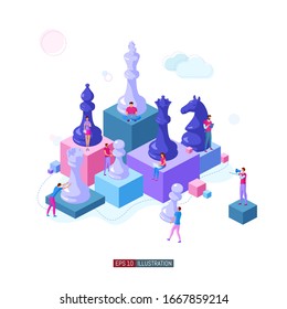 Trendy flat illustration. People work. Business strategy. Teamwork and competition. Chess game. Chess pieces. Template for your design works. Vector graphics.