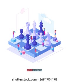 Trendy flat illustration. People work. Business strategy. Teamwork and competition. Chess game. Chess pieces. Template for your design works. Vector graphics.