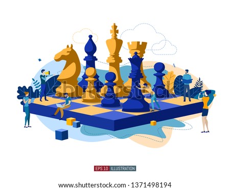 Trendy flat illustration. People work. Business strategy. Teamwork and competition. Chess game. Chess pieces. Template for your design works. Vector graphics.