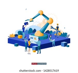 Trendy flat illustration. People are working on the creation and implementation of a robotic system. Robotization. Automation. Technology. Template for your design works. Vector graphics.