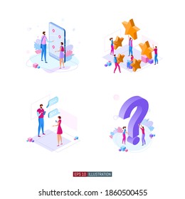 Trendy flat illustration. Phone navigation application. People are messaging. Customer feedback. Frequently asked questions. Template for your design works. Vector graphics.