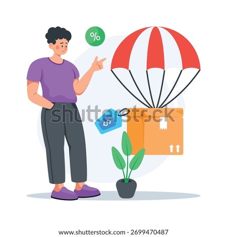 Trendy flat illustration of product package delivered safely via parachute.