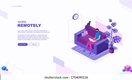  Ilustración plana de moda. Trabajo remoto 
 concepto de página. Hay hombres sentados en sillones que trabajan con un ordenador portátil. Plantilla para las obras de diseño. Gráficos vectoriales.