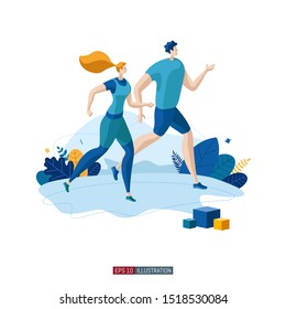 Trendy flat illustration. Running man and woman. Template for your design works. Vector graphics.