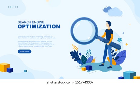 Trendy flat illustration. Search engine optimization page concept. SEO. Web analysis. Marketing strategy. Development. Template for your design works. Vector graphics.