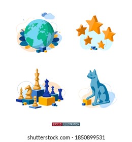 Ilustración plana de moda. Globe. Estrellas. Piezas de ajedrez. La plantilla para el diseño funciona. Gráficos vectoriales.
