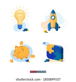 Ilustración plana de moda. Símbolo de idea. Bombilla. Cohetes. Banco de cerdas. Piezas de rompecabezas. La plantilla para el diseño funciona. Gráficos vectoriales.