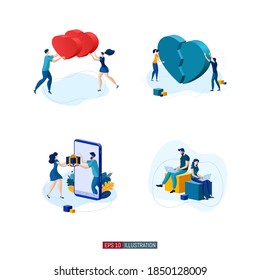 Ilustración plana de moda. Conjunto de ilustraciones sobre la relación entre un hombre y una mujer. La plantilla para el diseño funciona. Gráficos vectoriales.
