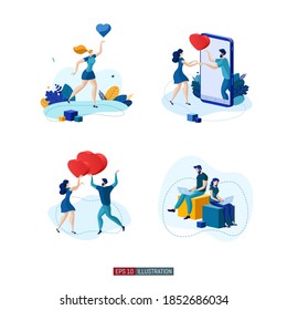 Trendy flat illustration set. Set of illustrations about the relationship between a man and a woman. Template for your design works. Vector graphics.