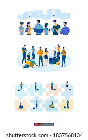 Trendy flat illustration set. Office workers planing business mechanism, analyze business strategy and exchange ideas. Puzzle pieces. Teamwork. Template for your design works. Vector graphics.