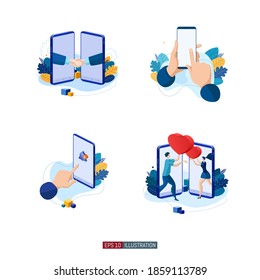 Trendy flat illustration set. Online business. Hands holding  smartphone. Index finger. Screen operations. Communication. Message exchange. Template for design works. Vector graphics.