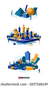 Trendy flat illustration set. People work. Business strategy. Teamwork and competition. Business growth. Chess game. Chess pieces. Template for your design works. Vector graphics.