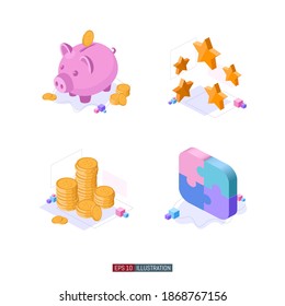 Trendy flat illustration set. Piggy bank. Customer reviews rating stars. Stack of coins. Puzzle pieces. Template for your design works. Vector graphics.