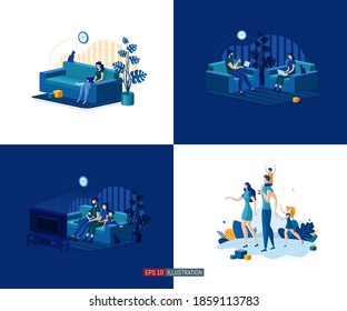 Trendy flat illustration set. Scenes of family life. Leisure. Online education.  Family television. Recreation. Happy family walking. Template for design works. Vector graphics.