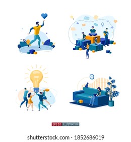 Trendy flat illustration set. Social network. Communications. Chatting. Teamwork. Online education. Remote job. Template for your design works. Vector graphics.