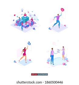 Trendy flat illustration set. Social network. Communications. Chatting. Teamwork. Online education. Remote job. Template for your design works. Vector graphics.
