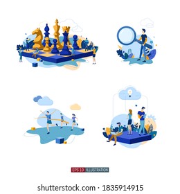 Trendy flat illustration set. Teamwork metaphor. Cooperation of people who implement the joint idea. Business strategy. Goal achievement. Chess game. Template for your design works. Vector graphics.