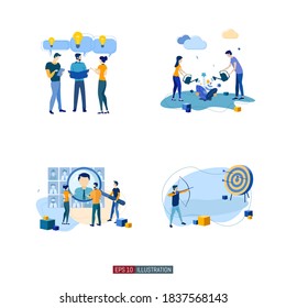 Trendy flat illustration set. Teamwork metaphor concept. Office workers planing business mechanism, analyze business strategy and exchange ideas. Template for your design works. Vector graphics.