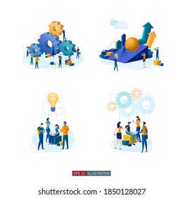 Trendy flat illustration set. Teamwork metaphor concept. Office workers planing business mechanism, analyze business strategy and exchange ideas. Template for your design works. Vector graphics.