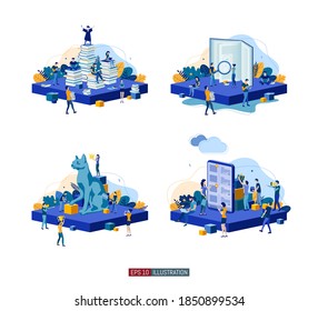 Trendy flat illustration set. Teamwork. Сollege graduate. Education. Online shopping. Online library. Cat show. Template for your design works. Vector graphics.