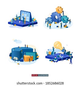 Trendy flat illustration set. Teamwork metaphor concept. Office workers planing business mechanism, analyze business strategy and exchange ideas. Template for your design works. Vector graphics.