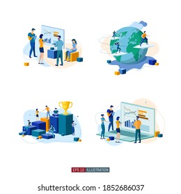 Trendy flat illustration set. Teamwork metaphor concept. Office workers planing business mechanism, analyze business strategy and exchange ideas. Template for your design works. Vector graphics.